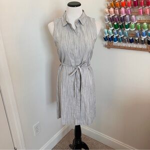 Tahari Sleeveless Button Up Pinstripe Tie Waist Dress